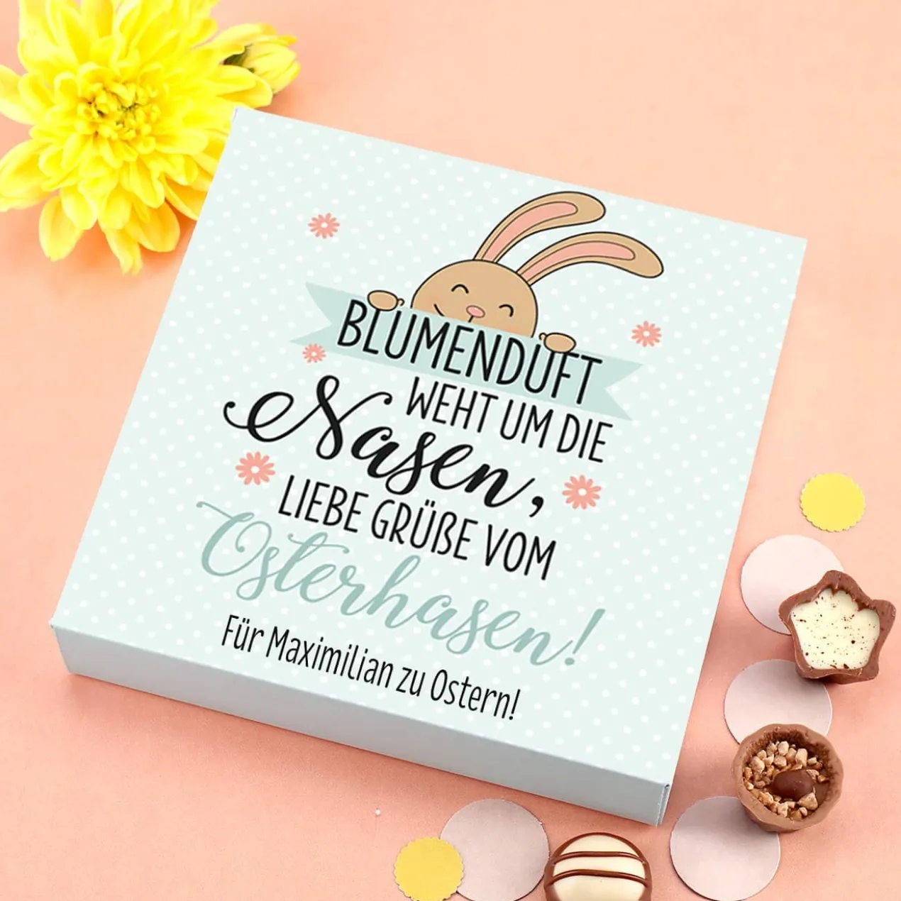 Blumenduft weht um die Nasen - Lindt Pralinen zu Ostern mit Wunschtext