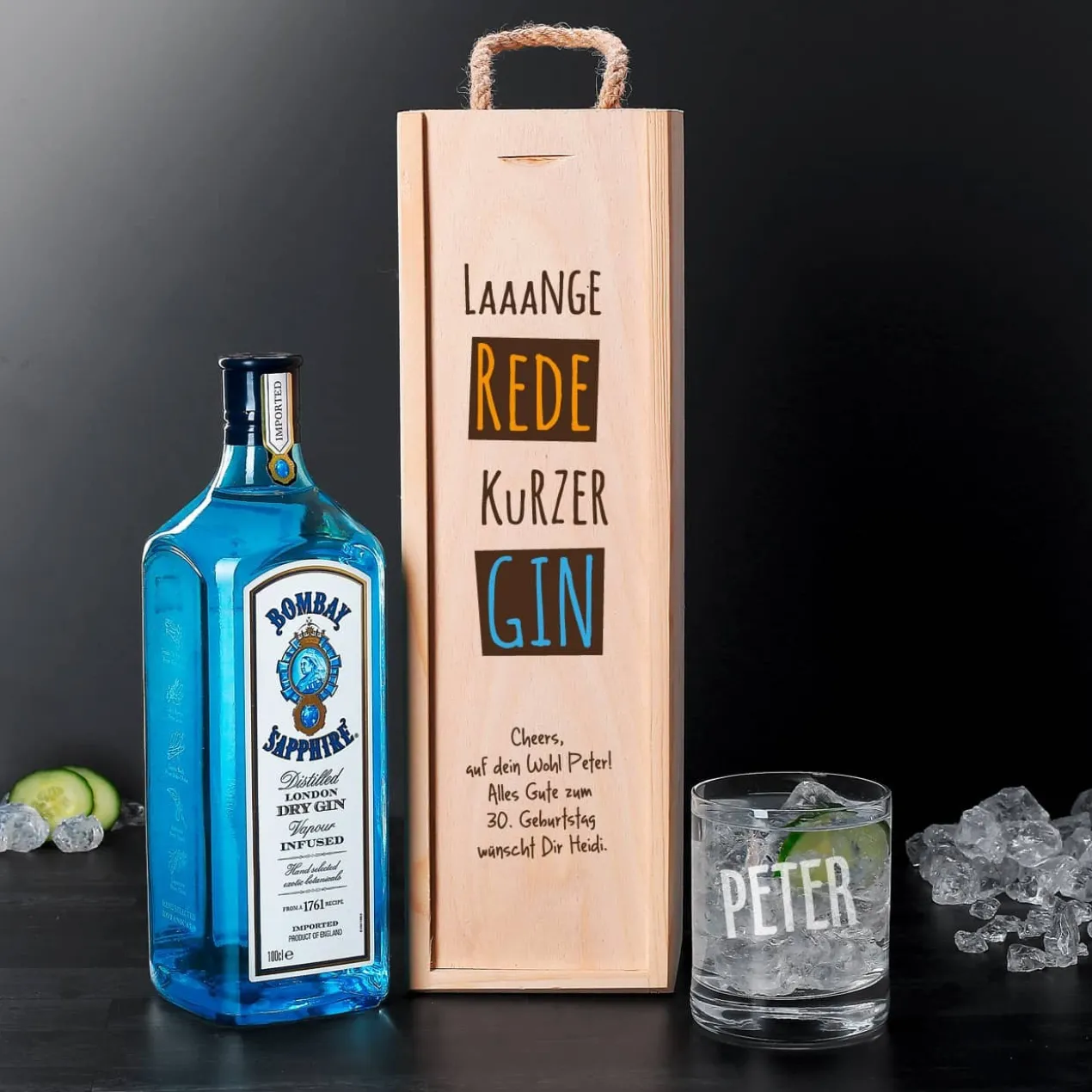 Bombay-Gin im Geschenk-Set mit graviertem Glas in bedruckter Holzkiste