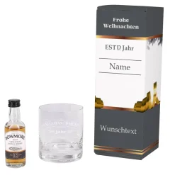 Bowmore Mini Flasche mit graviertem Whiskyglas im Inlay mit bedruckter Pappbox als Weihnachtsidee