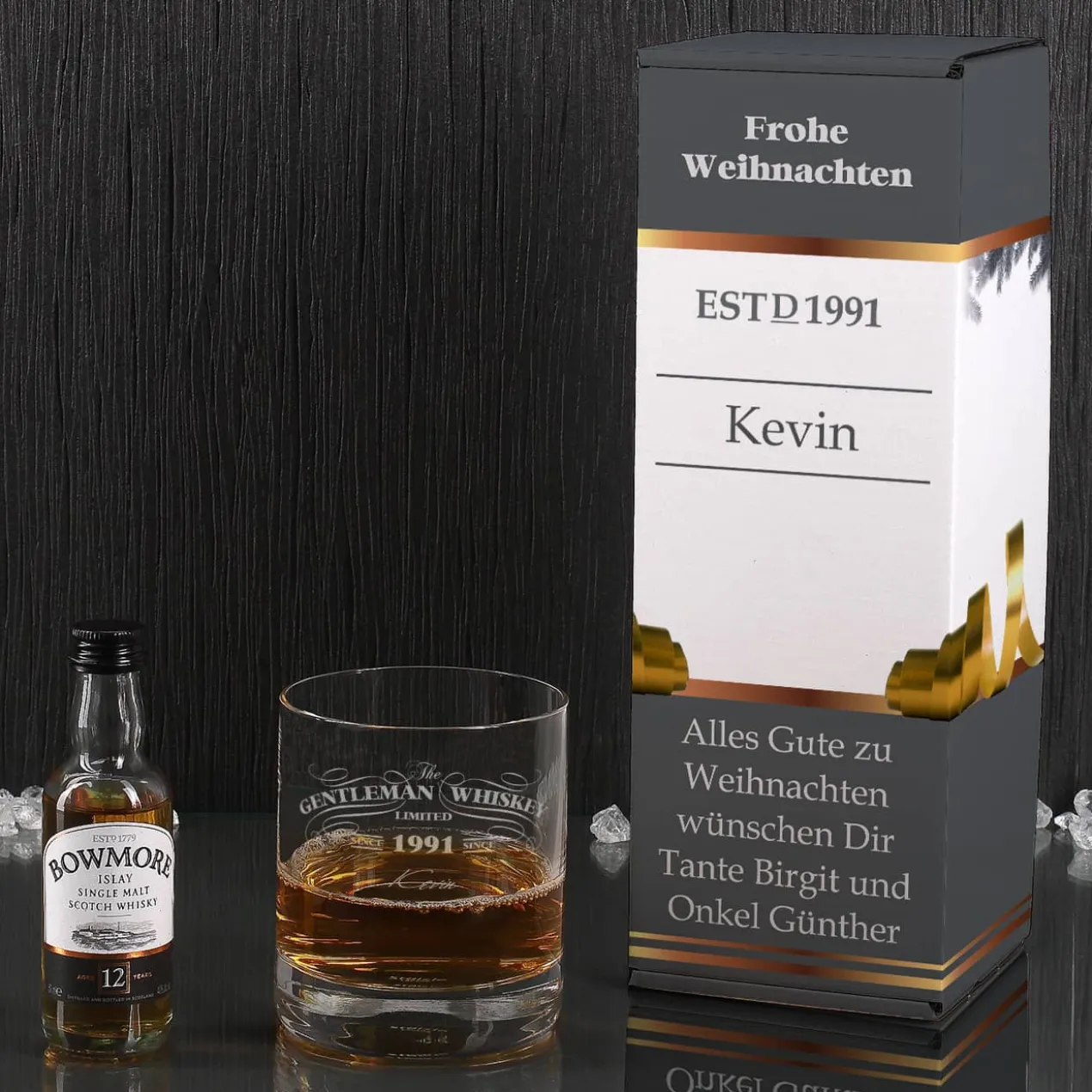 Bowmore Mini Flasche mit graviertem Whiskyglas im Inlay mit bedruckter Pappbox als Weihnachtsidee
