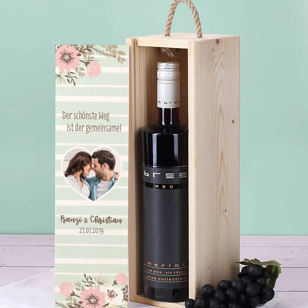 BREE Wein in bedruckter Geschenkverpackung zur Hochzeit