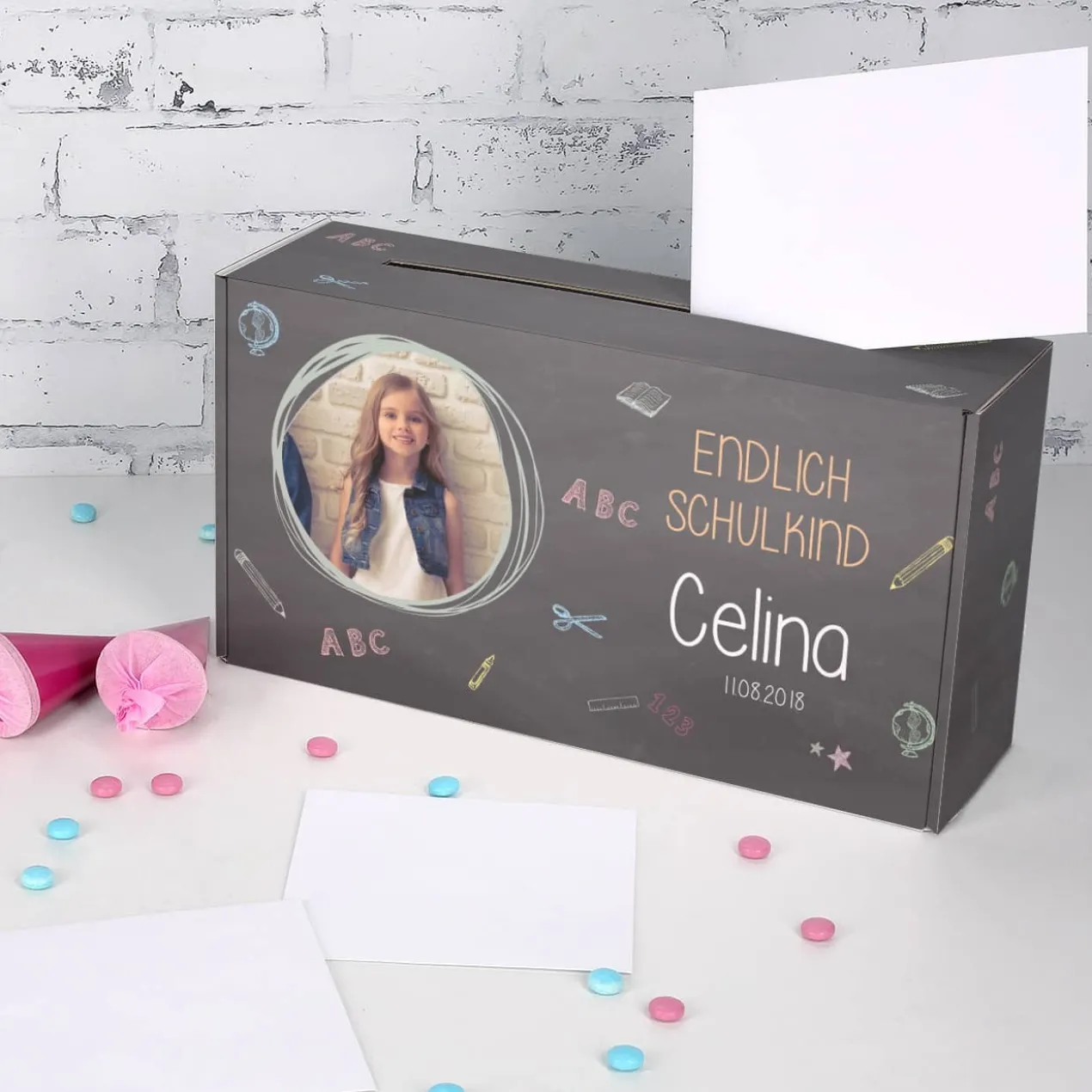 Briefbox zur Einschulung mit Foto und Namensaufdruck