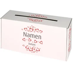 Briefbox zur Hochzeit mit Herzen, Namen und Datum bedruckt