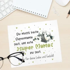 Brillenputztuch mit Panda Motiv - Super Mama - personalisiert mit Wunschtext | Geschenk zum Muttertag