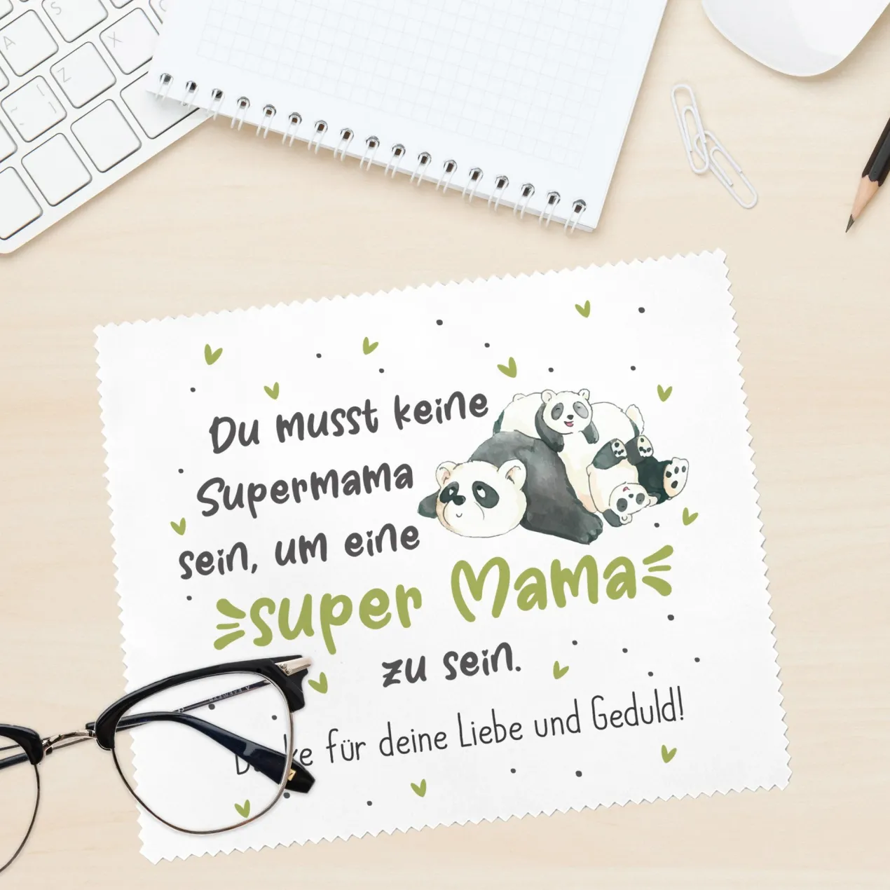 Brillenputztuch mit Panda Motiv - Super Mama - personalisiert mit Wunschtext | Geschenk zum Muttertag