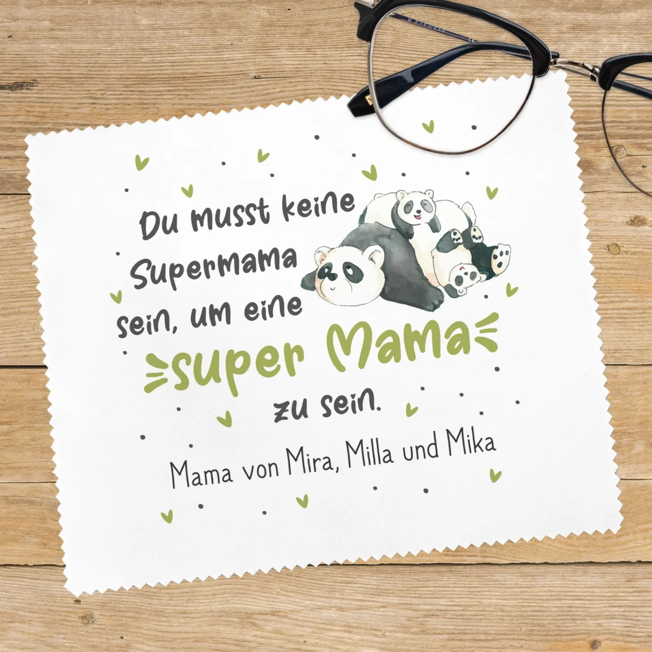 Brillenputztuch mit Panda Motiv - Super Mama - personalisiert mit Wunschtext | Geschenk zum Muttertag