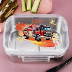 Brotdose aus Edelstahl mit Feuerwehrauto-Motiv bedruckt und Name