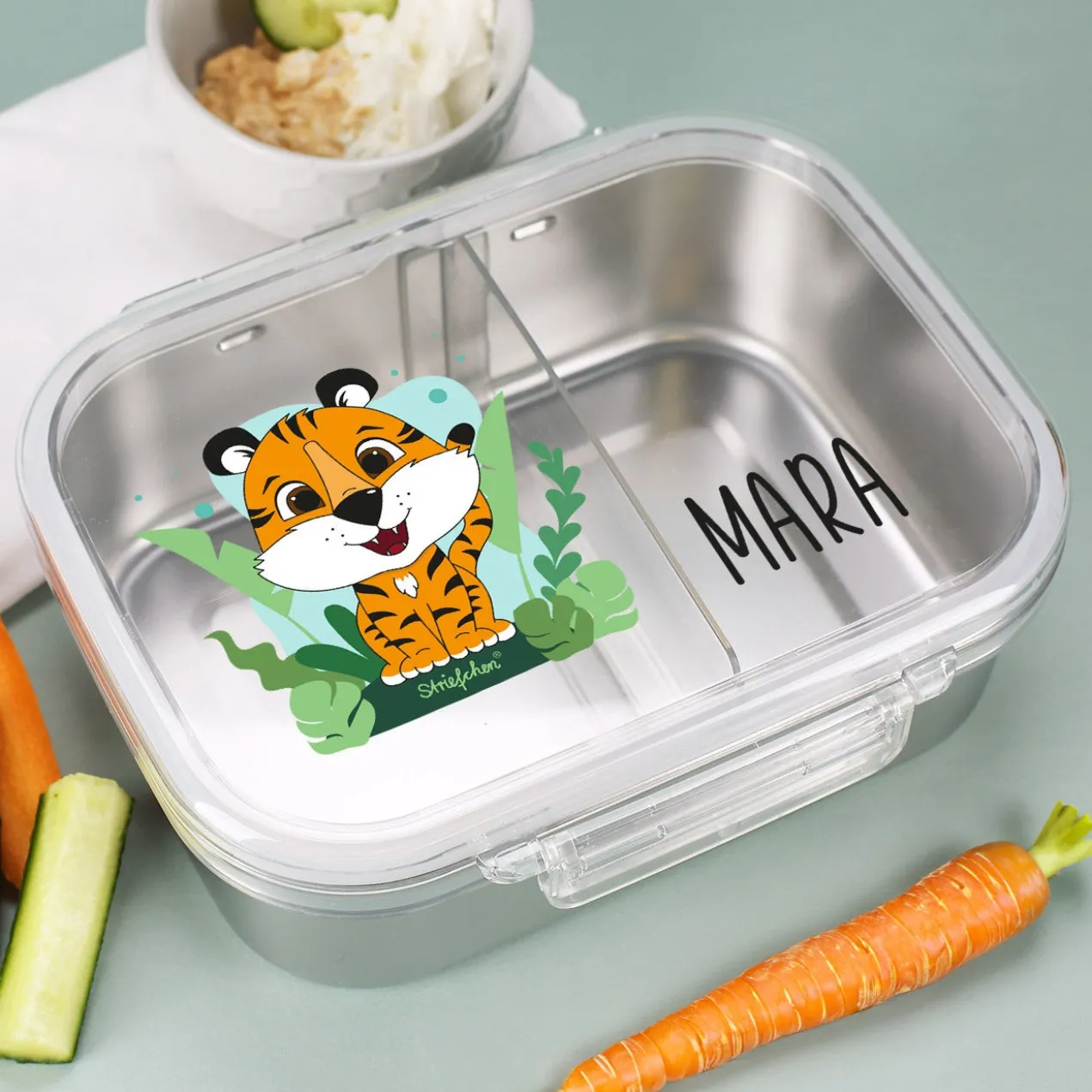 Brotdose aus Edelstahl mit Tiger-Motiv und Wunschname