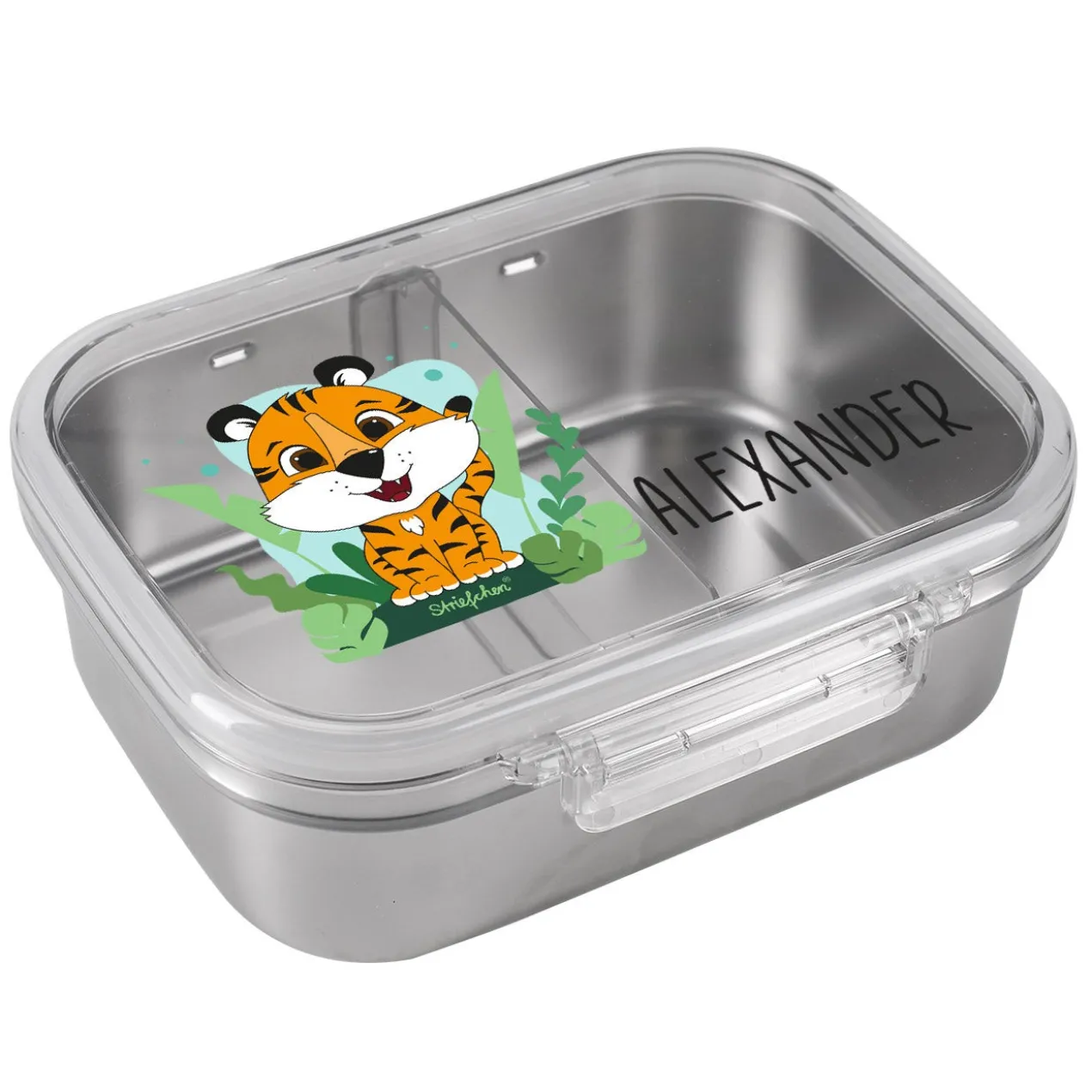 Brotdose aus Edelstahl mit Tiger-Motiv und Wunschname