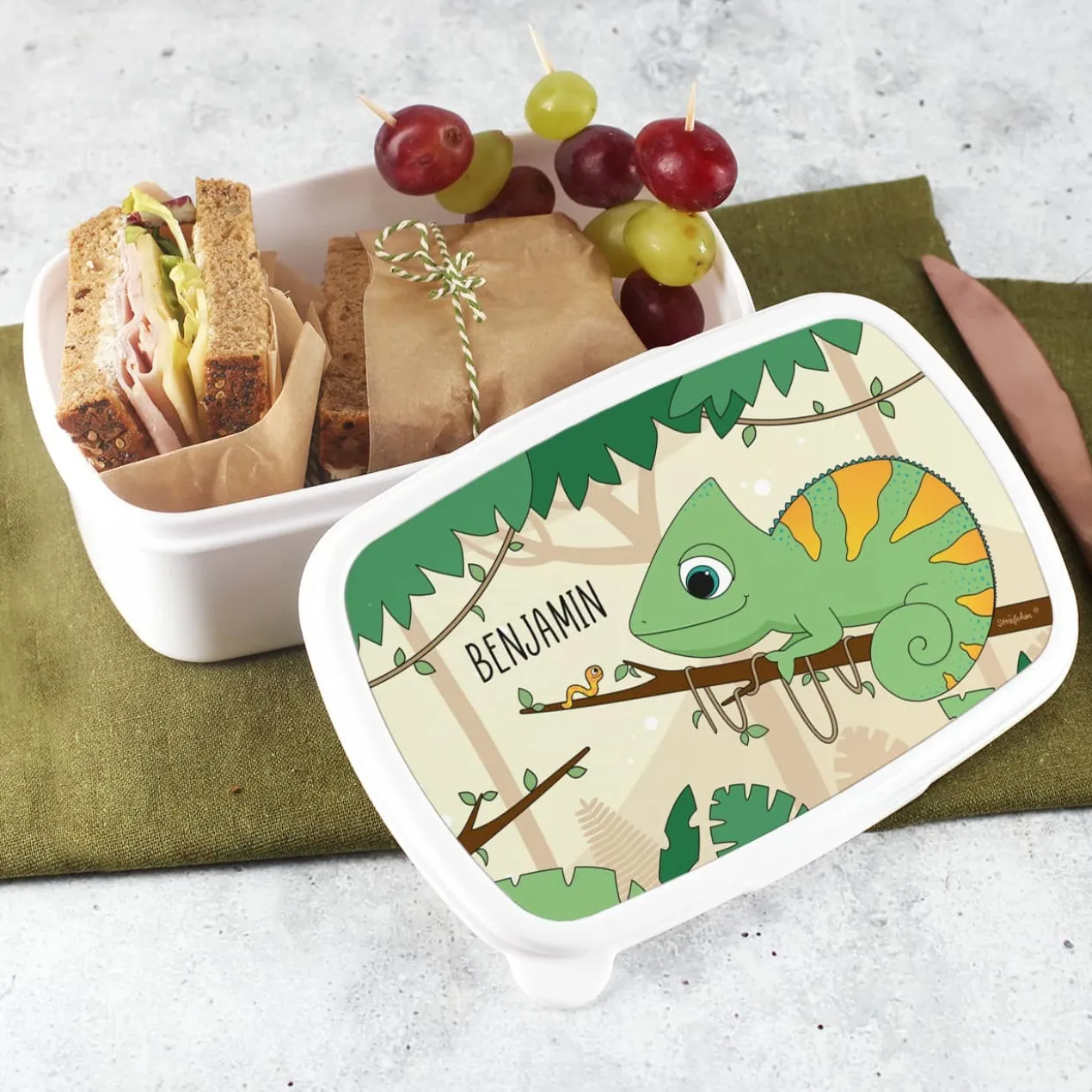 Brotdose mit Chamäleon Motiv und Ihrem Wunschnamen