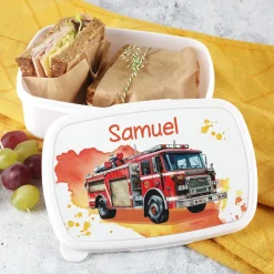 Brotdose mit Feuerwehrauto und Wunschname bedruckt