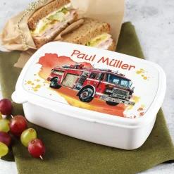 Brotdose mit Feuerwehrauto und Wunschname bedruckt