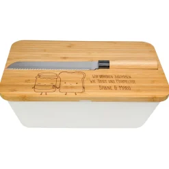 Brotkasten mit Messer & Bambus Schneidebrett personalisiert mit Namen | Toast & Marmelade Motiv