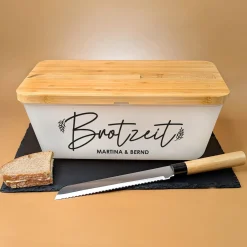 Brotkasten mit Messer & Bambus Schneidebrett | Personalisiert mit Wunschtext für die Küche
