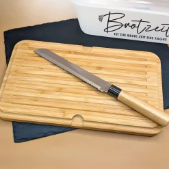 Brotkasten mit Messer & Bambus Schneidebrett | Personalisiert mit Wunschtext für die Küche