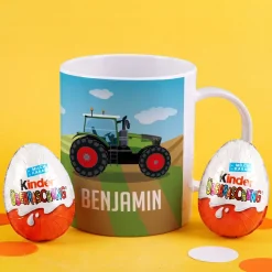 Bruchfeste Kindertasse mit grünem Traktor und Name