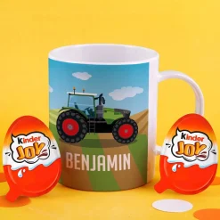 Bruchfeste Kindertasse mit grünem Traktor und Name