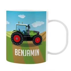 Bruchfeste Kindertasse mit grünem Traktor und Name