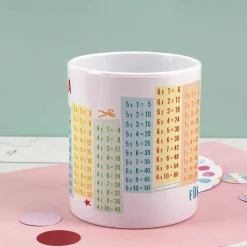 Bruchfeste Tasse zum Schulanfang mit Einmaleins und Wunschtext als Geschenk für Kinder