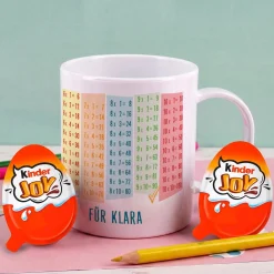 Bruchfeste Tasse zum Schulanfang mit Einmaleins und Wunschtext als Geschenk für Kinder