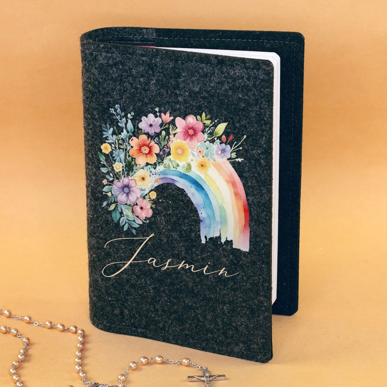 Buchhülle für Gotteslob & Gesangbuch mit Regenbogen Motiv und Name personalisiert | Anthrazit o. Orange