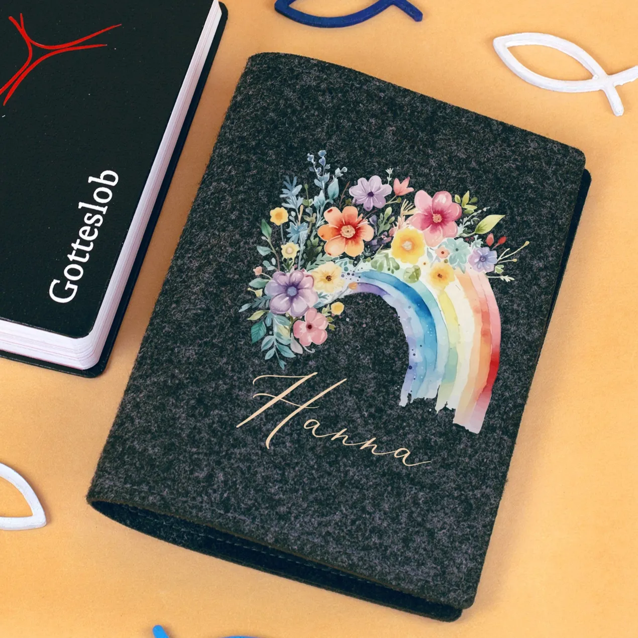 Buchhülle für Gotteslob & Gesangbuch mit Regenbogen Motiv und Name personalisiert | Anthrazit o. Orange