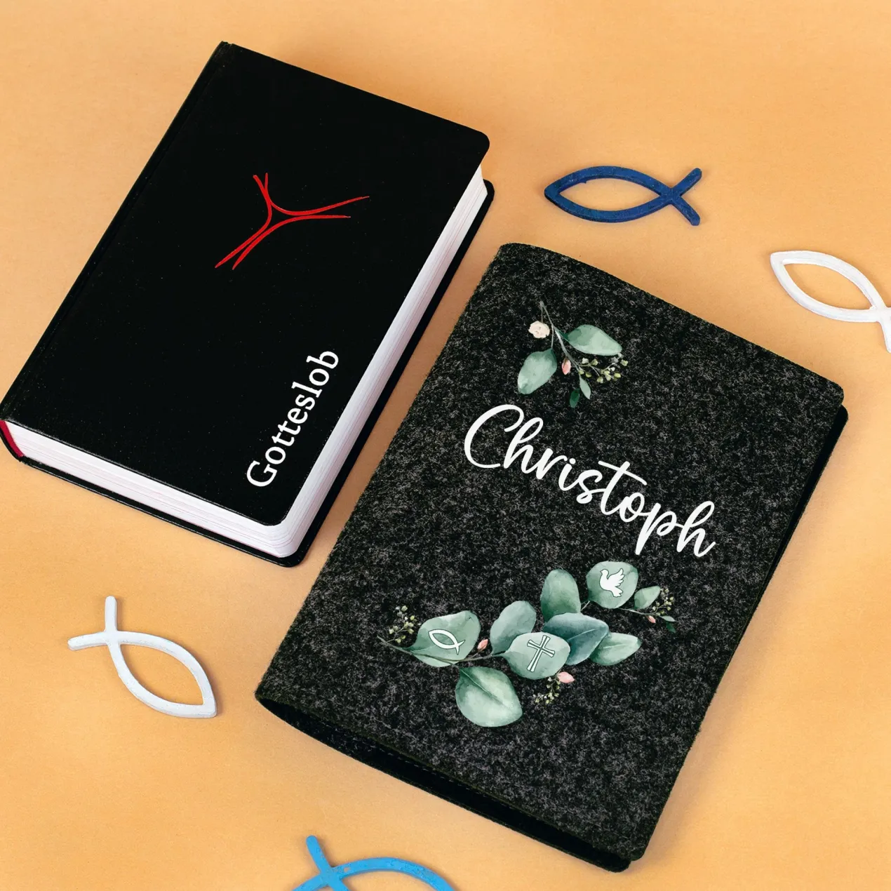 Buchhülle für Gotteslob mit Eukalyptus Motiv und Name | Personalisierte Schutzhülle für Gesangbuch
