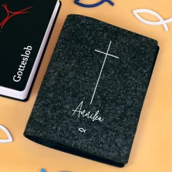 Buchhülle für Gotteslob mit Kreuz & Ichthys Fisch | Personalisierte Schutzhülle für Gesangbuch mit Name