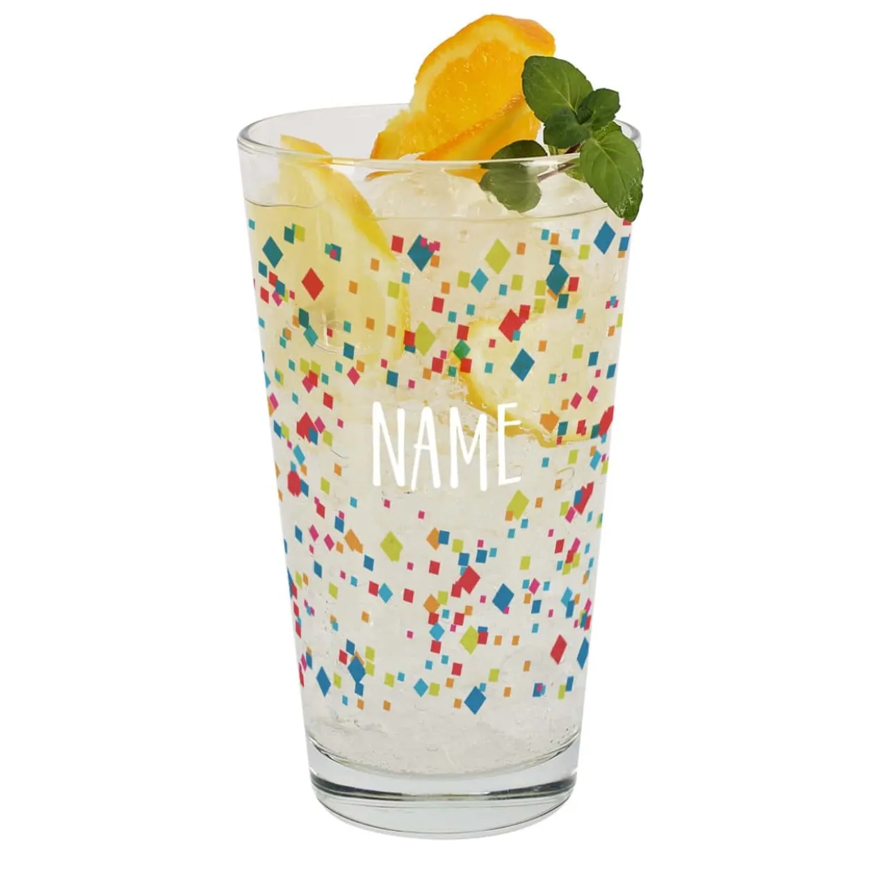Bunt bedrucktes Trinkglas mit Name
