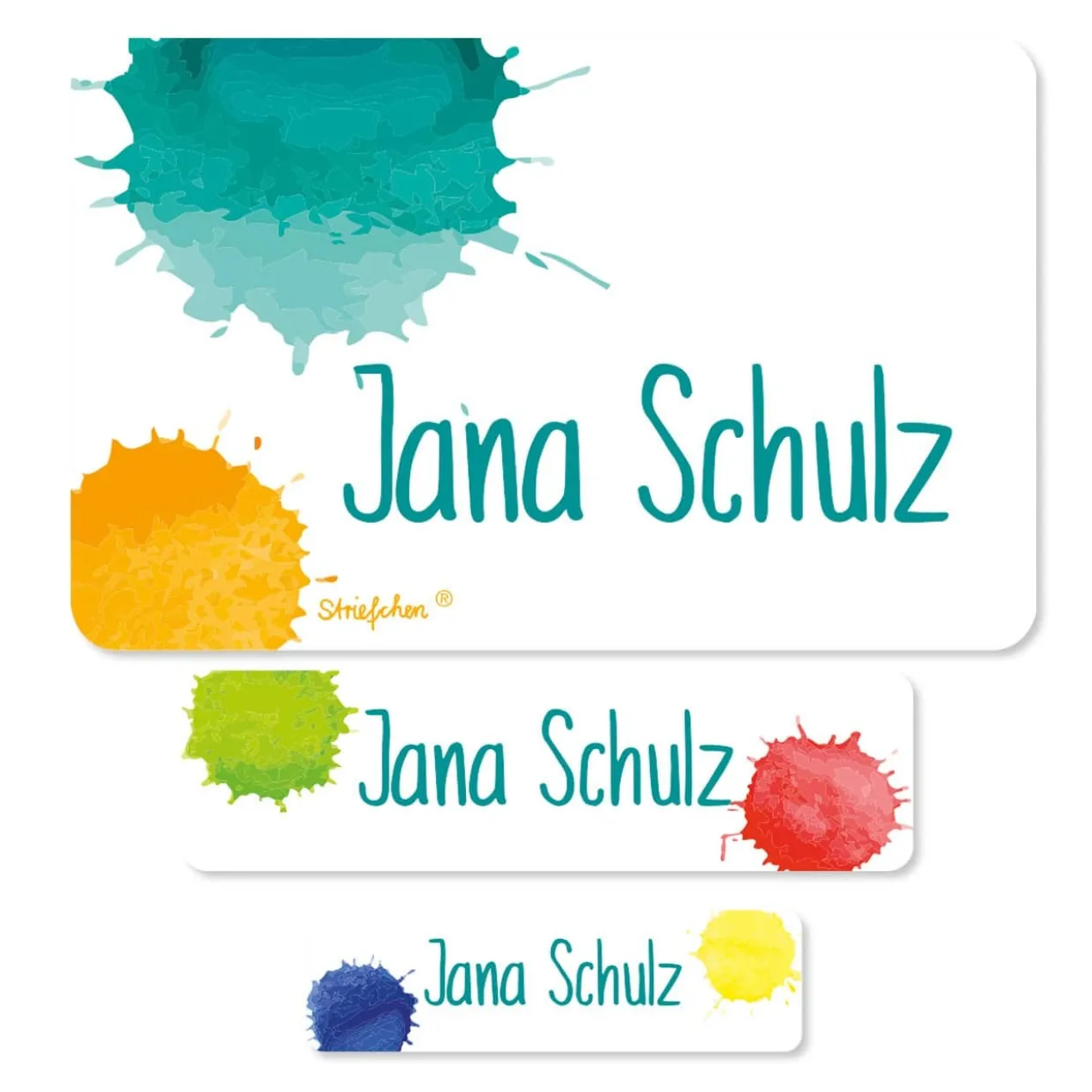 Bunte Aufkleber mit Farbklecksen und Wunschname
