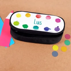 Buntes Federmäppchen mit persönlichem Namensaufdruck und Farbklecks Motiv