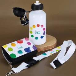 Buntes Geschenkset zur Einschulung mit Trinkflasche, Geldbörse & Schlüsselband