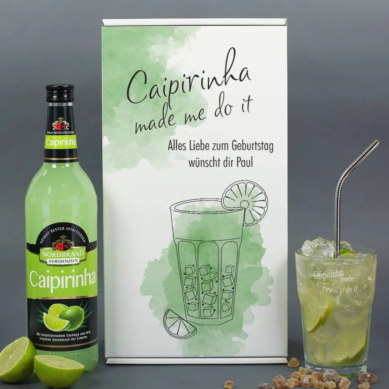 Caipirinha Cocktailset mit graviertem Glas und schöner Geschenkverpackung
