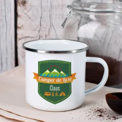 Camper de Luxe - Emailletasse mit Wunschname