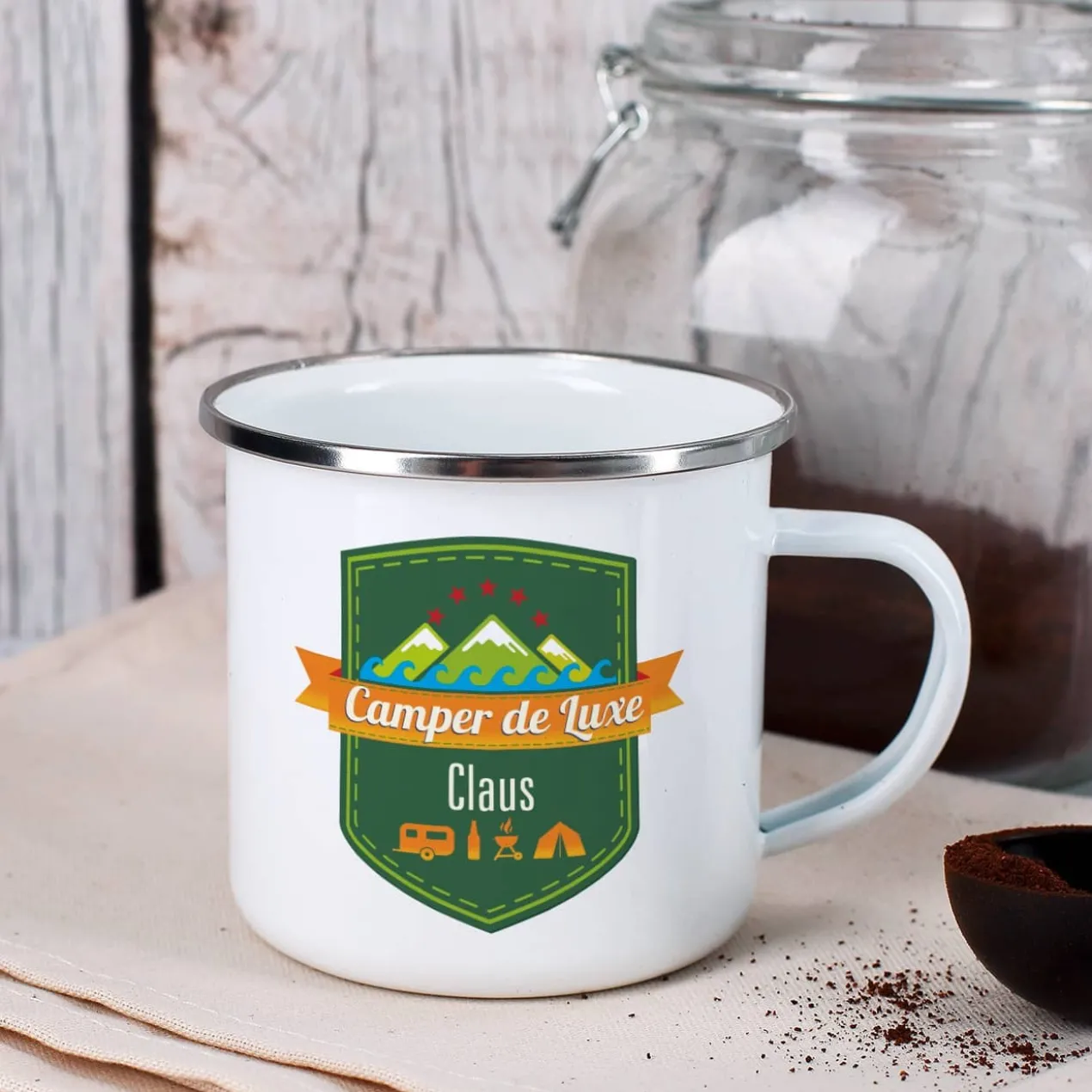 Camper de Luxe - Emailletasse mit Wunschname