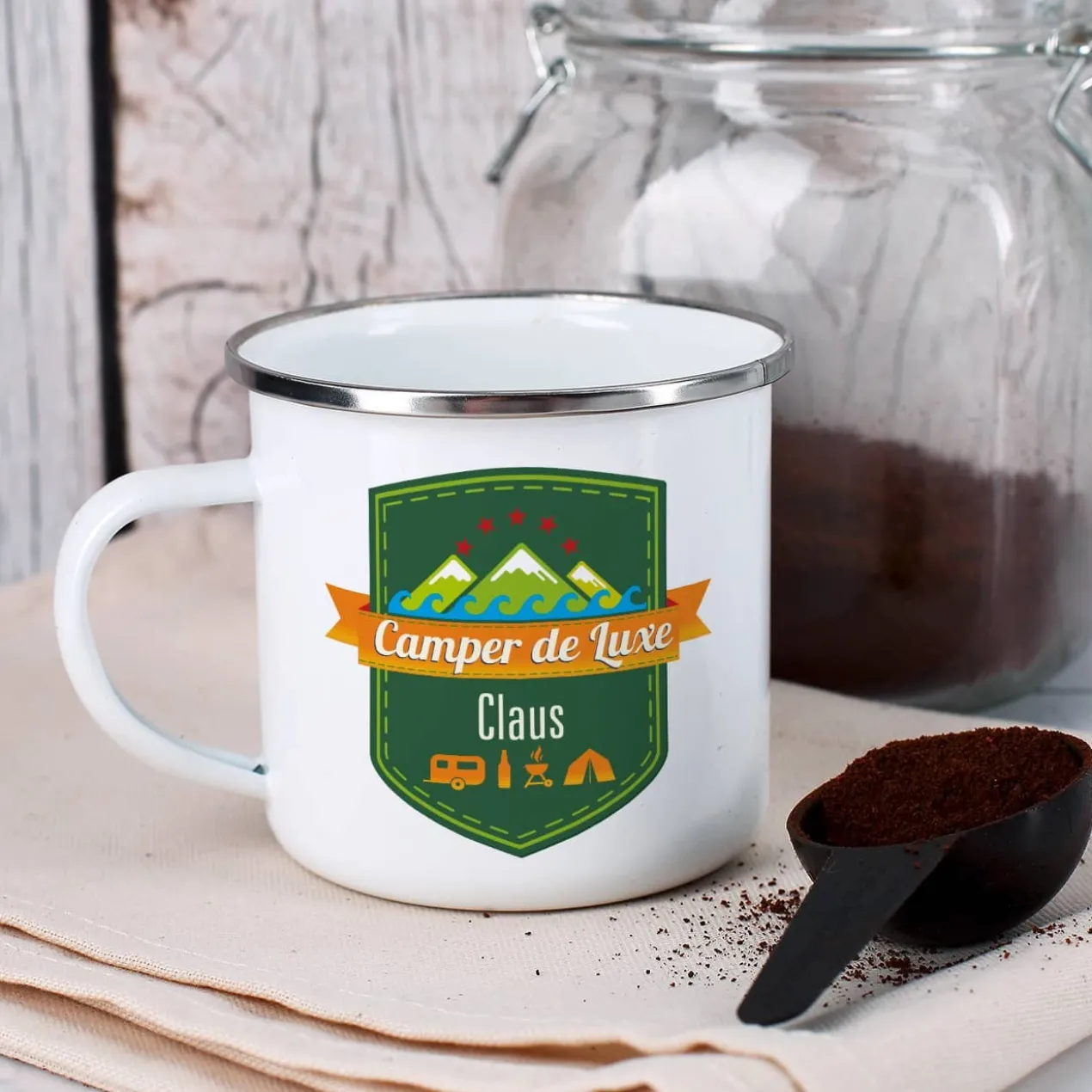 Camper de Luxe - Emailletasse mit Wunschname