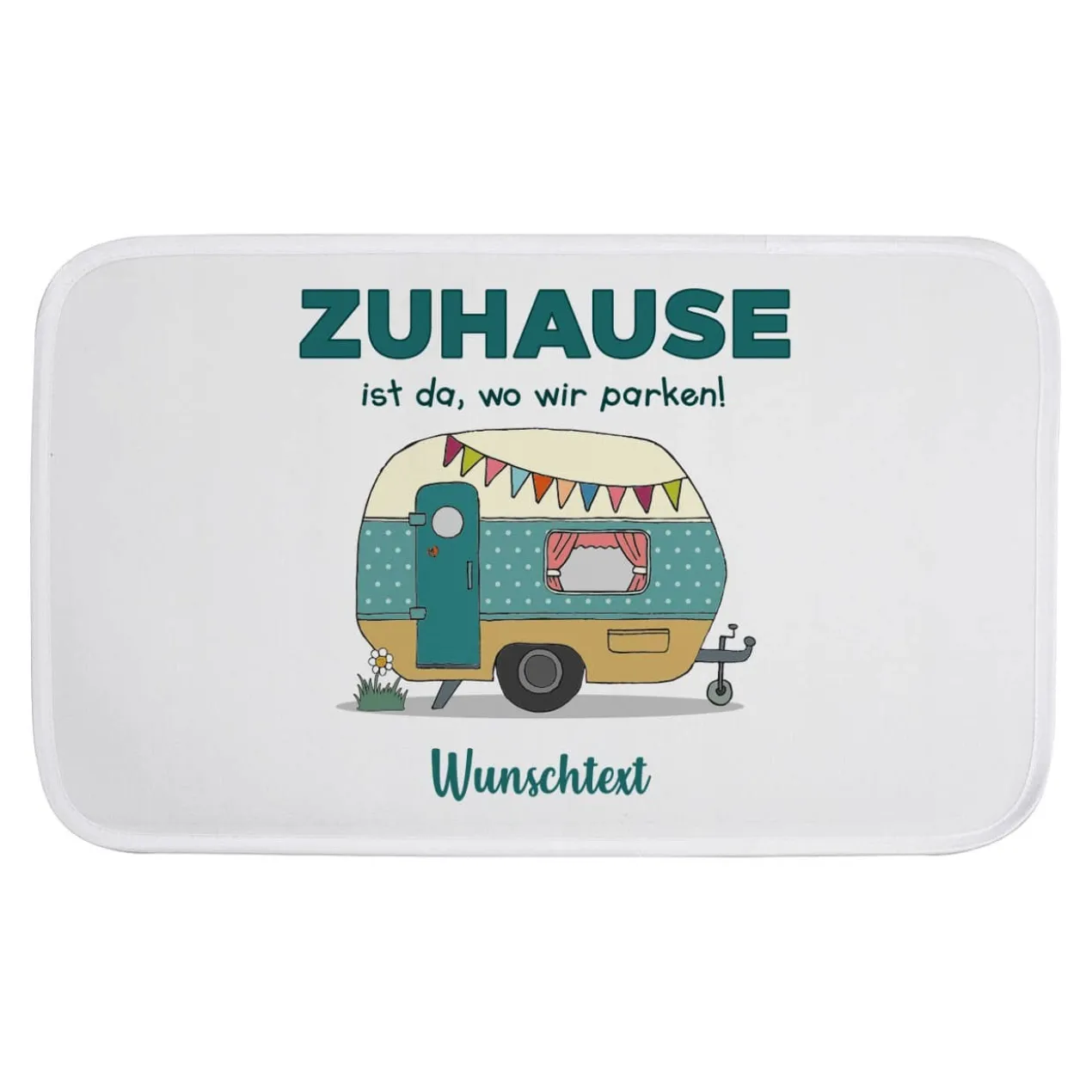 Camping Badematte mit Wohnwagen und Wunschtext