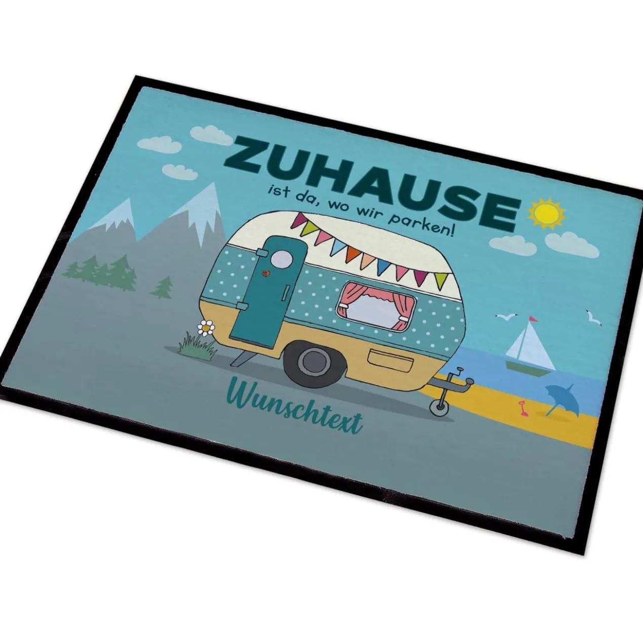 Camping-Fußmatte mit Wohnwagen und Wunschtext