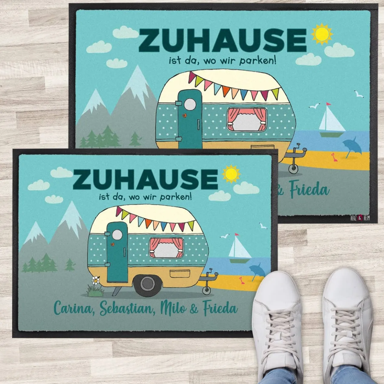 Camping-Fußmatte mit Wohnwagen und Wunschtext