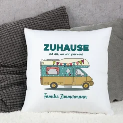 Camping-Kissen mit Wohnwagen oder Wohnmobil und Wunschtext