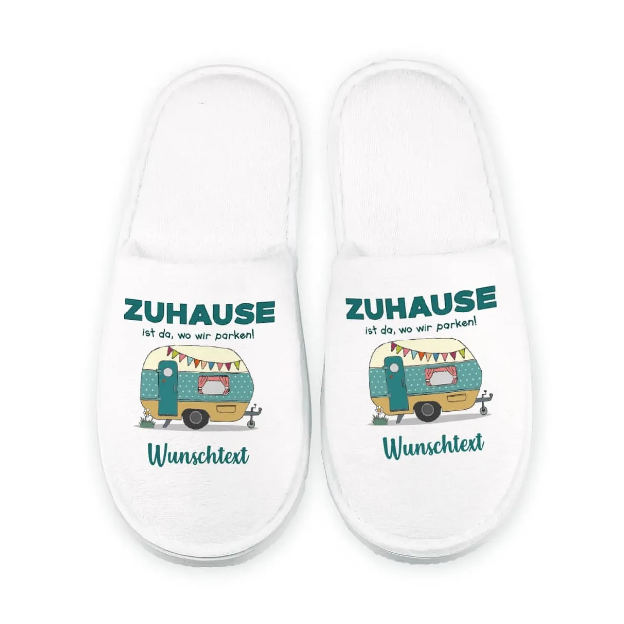 Camping Pantoffeln mit Wohnwagen und Wunschtext