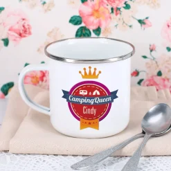 Campingqueen - emaillierte Metalltasse mit Namen bedruckt