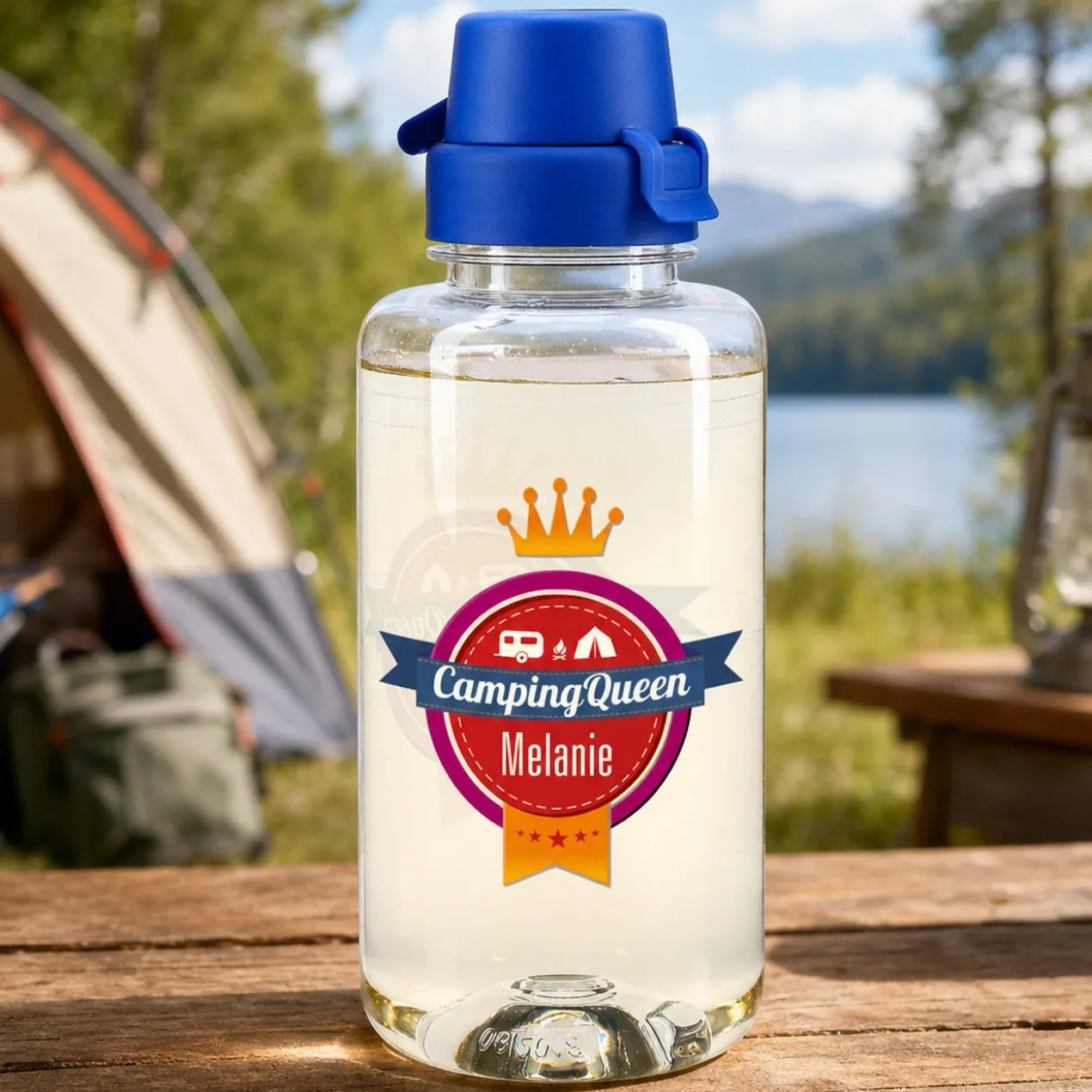 Camping Queen - transparente Trinkflasche mit Name personalisiert 0,7 L