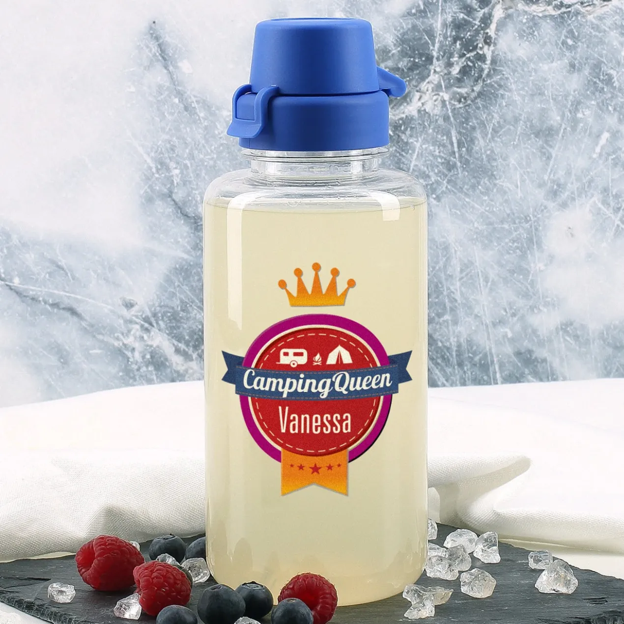 Camping Queen - transparente Trinkflasche mit Name personalisiert 0,7 L