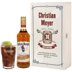 Captain Morgan - Set zum Geburtstag in edler Holzbox mit graviertem Longdrinkglas