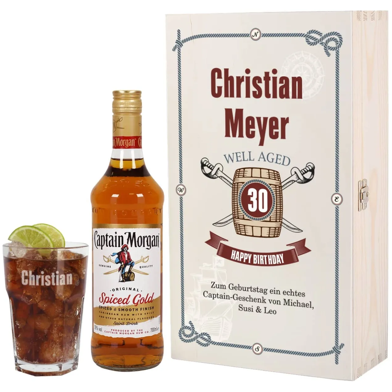 Captain Morgan - Set zum Geburtstag in edler Holzbox mit graviertem Longdrinkglas