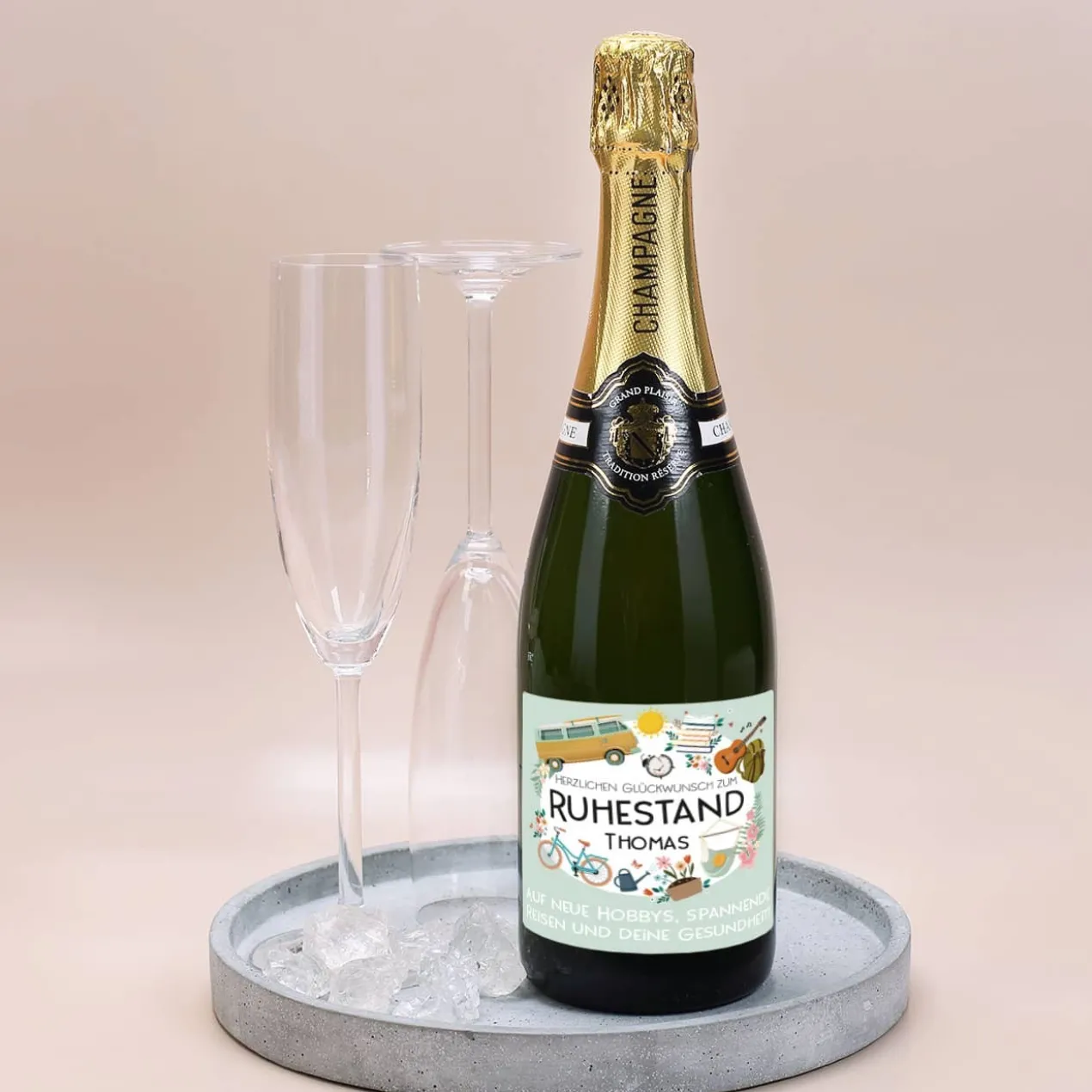 Champagner - Herzlichen Glückwunsch zum Ruhestand - mit Name und Wunschtext