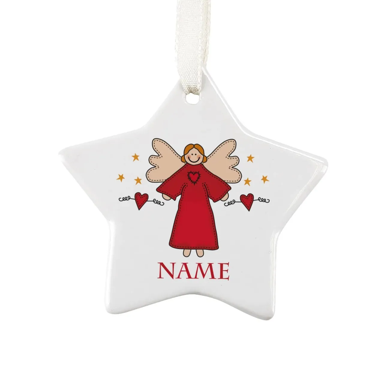 Christbaumanhänger aus Keramik mit Engel, Herzen und Name