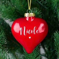 Christbaumkugel in Herzform personalisiert mit Name und Herz Motiv | Matt oder glänzend Rot