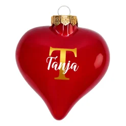 Christbaumkugel in Herzform personalisiert mit goldener Initiale und Name | Matt oder glänzend Rot